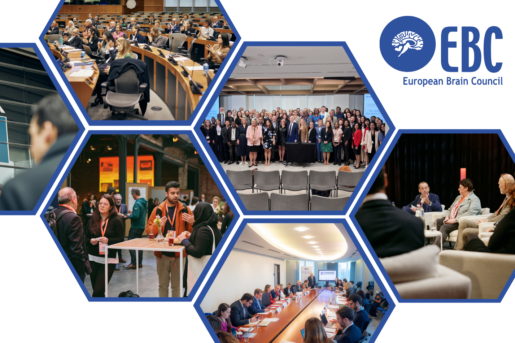 Composite image containing various photos from European Brain Council events, plus the EBC logo